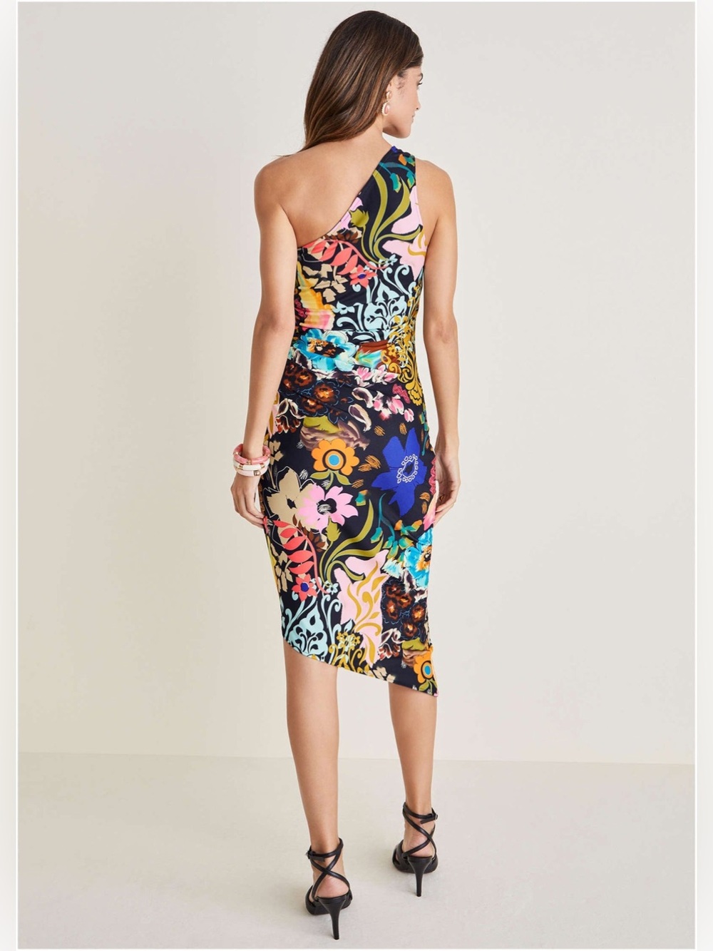 VENUS One-Shoulder Asymmetrical Floral Print Dress - Black, Blue, Pink - Picture 2 of 7